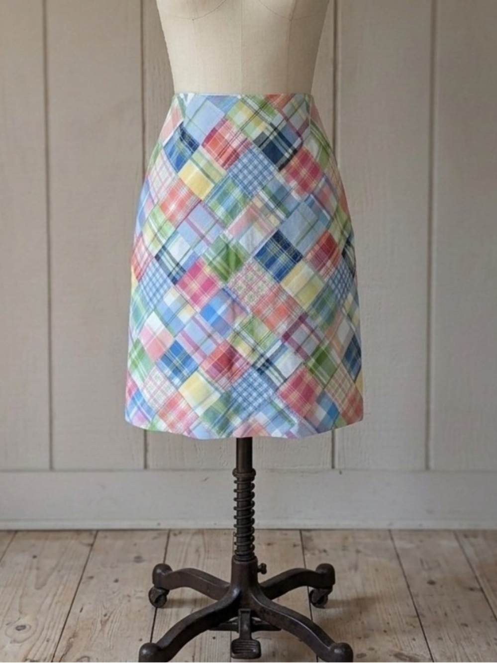 Brooks Brothers Pastel Madras Patchwork Preppy Coastal Plaid Skirt size 8